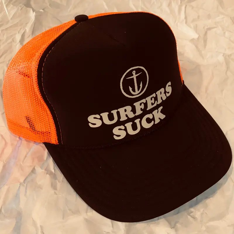 Captain Fin Surfers Suck Trucker Hat Neon Orange 1