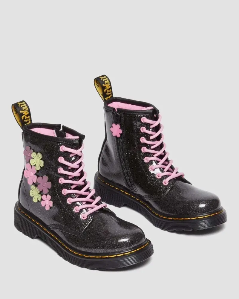Dr Martens Junior 1460 - Black Coated Glitter Pu & Mauve Athena & Fondant Pink Athena 1