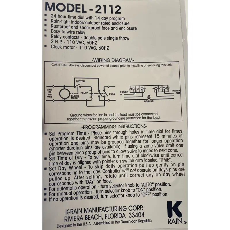 K-Rain - 2112 - Single Station Controller 110V In 110V Out 2
