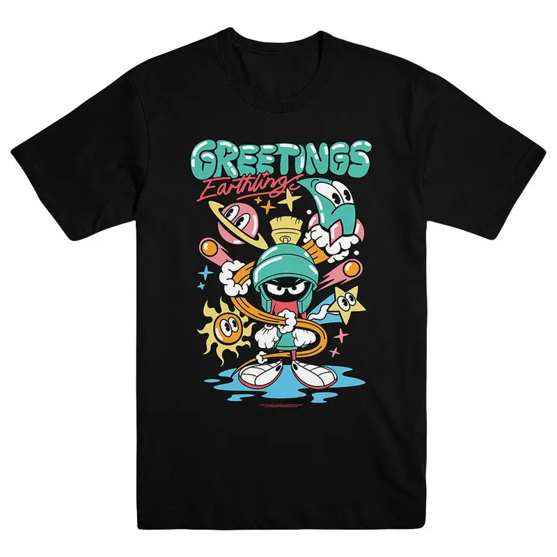 Looney Tunes Marvin The Martian Greetings Earthlings Adult Black T-Shirt 1